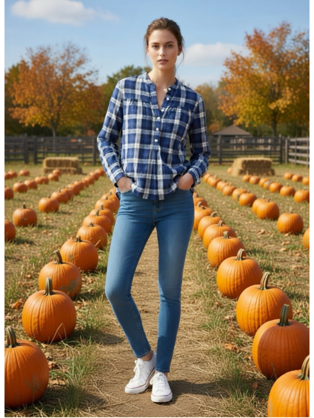 Madewell Womens Small Blue White Plaid Band Collar Popover Blouse Henley Shirt